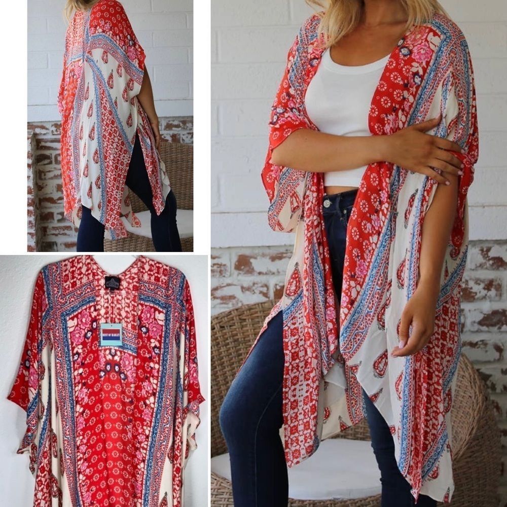 1️⃣1️⃣ Angie Womens Kimono Red One Size OS Duster Cover up Boho Bohemian